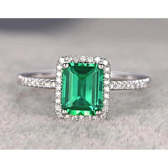 Bague De Fiançaille En Or Blanc à 3,55 carats De Diamants Émeraudes Vert Halo Colombiennes