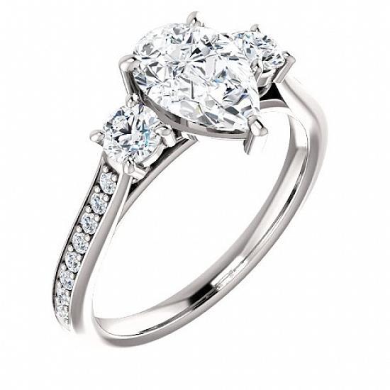 Bague De Fiançailles 3 Pierres Poire Et Véritable Diamant Rond 1.80 Carats Accents Or