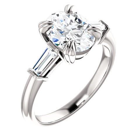 Bague De Fiançailles 3 Pierres Véritable Diamant Central Ovale 2 Carats Or Blanc 14 Carats