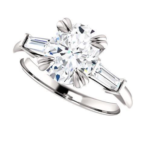 Bague De Fiançailles 3 Pierres Véritable Diamant Central Ovale 2 Carats Or Blanc 14 Carats