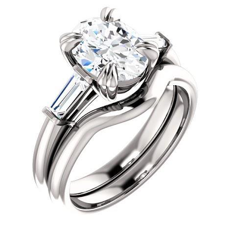 Bague De Fiançailles 3 Pierres Véritable Diamant Central Ovale 2 Carats Or Blanc 14 Carats