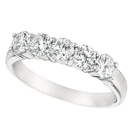 Bague De Fiançailles A Cinq Pierres De 1.25 Carats Réel Diamant En Or Blanc 14K
