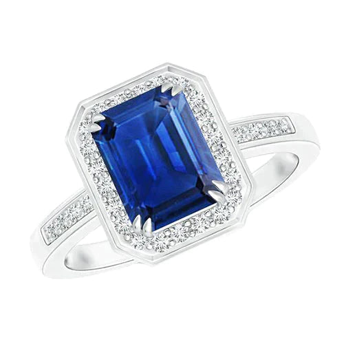 Bague De Fiançailles Avec Halo De Fiançailles En Saphir Elégant De 6 Carats