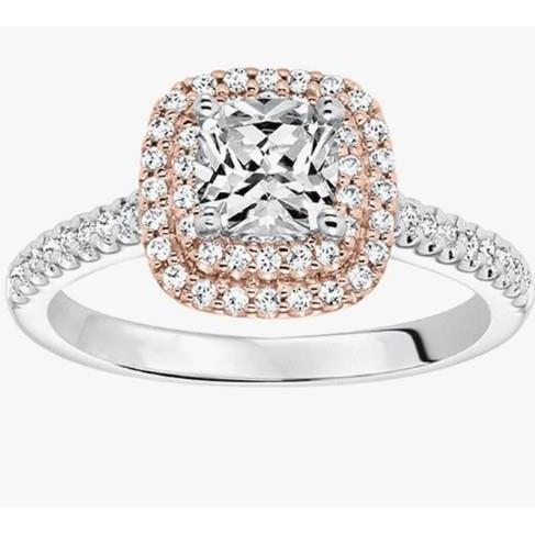 Bague De Fiançailles Coussin Et Coupe Ronde 2.60 Carats Réel Diamant En Or Bicolore 14K