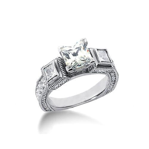 Bague De Fiançailles De Style Antique A 3 Pierres En Or Blanc 14K Réel Diamant