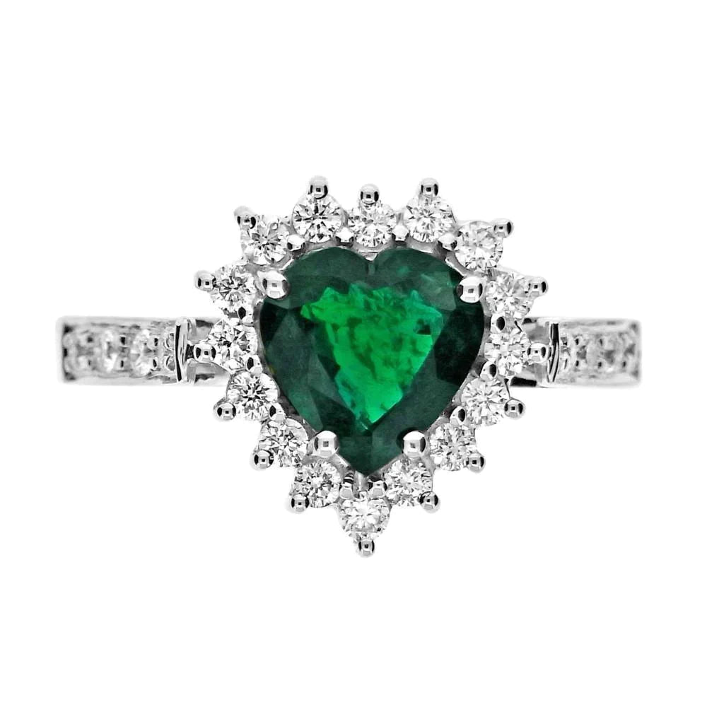 Bague De Fiançailles Diamant Et Taille Coeur Emeraude Vert Or Blanc 6 Carats 14K