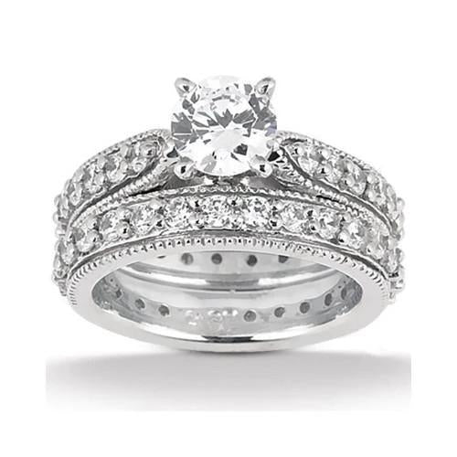Bague De Fiançailles En Réel Diamants De Style Vintage. Ensemble De Bandes Enveloppantes 2.45 Carats WG