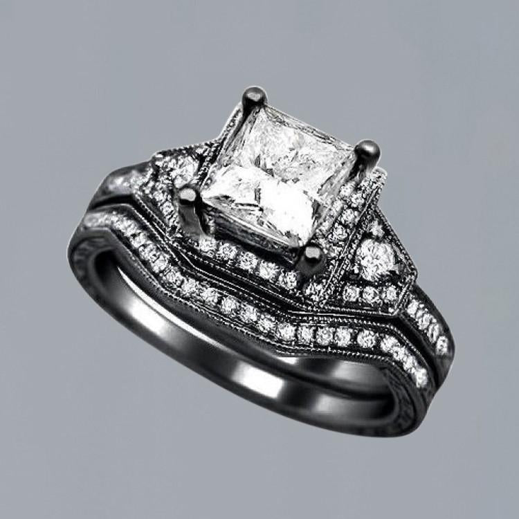 Bague De Fiançailles Et Bande De Naturel Diamants Princesse En Or Noir 2.50 Carats 14K