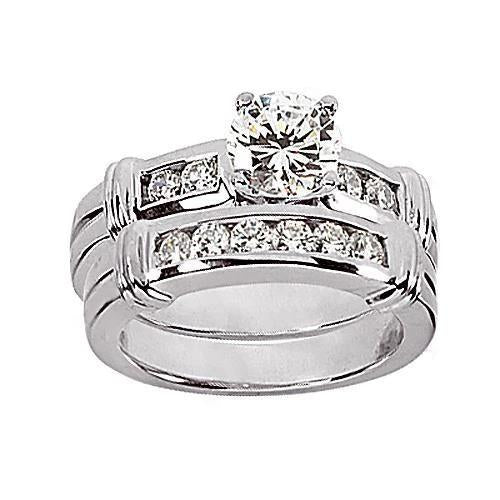 Bague De Fiançailles Et Bande De Réel Diamants Ronds 2.10 Carats Or Blanc 14K