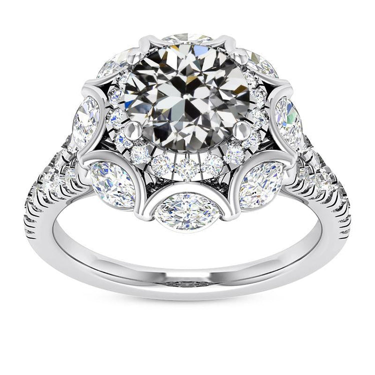 Bague De Fiançailles Halo De Naturel Diamants Taille Ancienne et Marquise Ronde 11 Carats