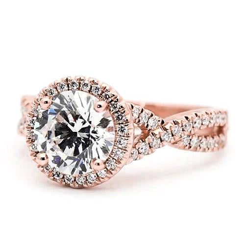 Bague De Fiançailles Halo De Réel Diamants 2.50 Carats Ronde Accentuée En Or Rose 14 Carats