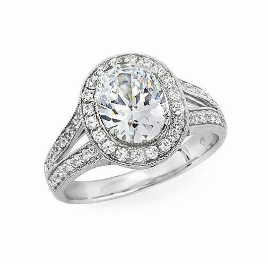 Bague De Fiançailles Halo De Réel Diamants Ovales Et Ronds De 1.85 Carats En Or Blanc 14K