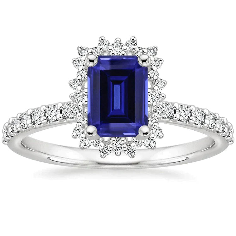 Bague De Fiançailles Halo Diamant Et Saphir