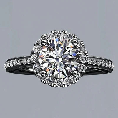 Bague De Fiançailles Halo Style Fleur Naturel Diamant 2.75 Carats Or Noir 14K