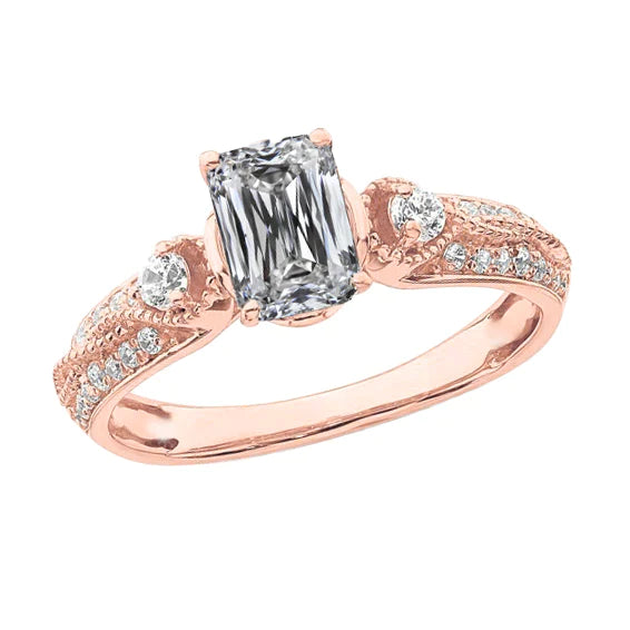 Bague De Fiançailles Naturel Diamant Emeraude Millegrain 4,20 Carats Or Rose 14 Carats
