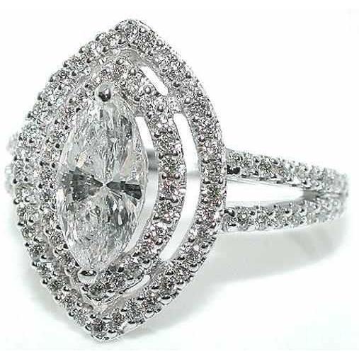 Bague De Fiançailles Naturel Diamant Halo 2.51 Ct. Tige Fendue Marquise WG 14K