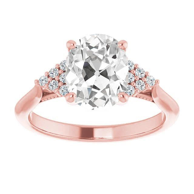 Bague De Fiançailles Ovale En Or Rose Avec Véritable Diamants Taillés Dans Une Ancienne Mine 6,50 Carats