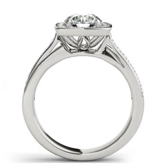 Bague De Fiançailles Réel Diamant 1.50 Carats Double Tige Halo Or Blanc 14K