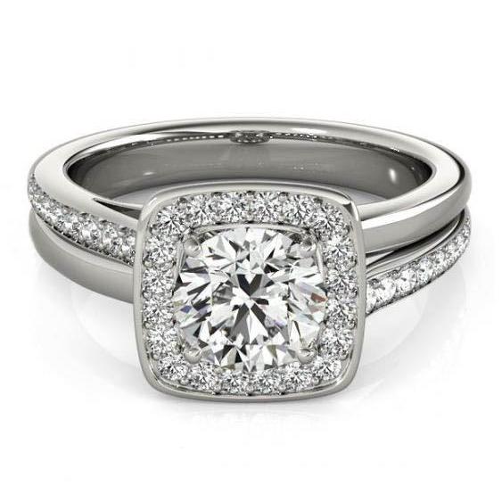 Bague De Fiançailles Réel Diamant 1.50 Carats Double Tige Halo Or Blanc 14K