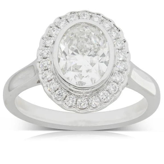 Bague De Fiançailles Réel Diamant Ovale Halo 2.90 Carats Lunette Sertie Or Blanc 14 Carats Neuf