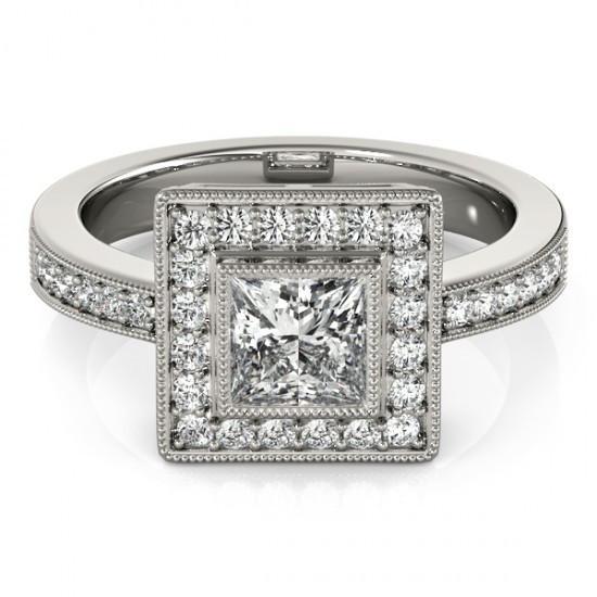 Bague De Fiançailles Réel Diamant Princesse Et Diamant Rond Halo 1.50 Carat WG