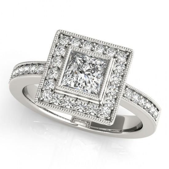 Bague De Fiançailles Réel Diamant Princesse Et Diamant Rond Halo 1.50 Carat WG