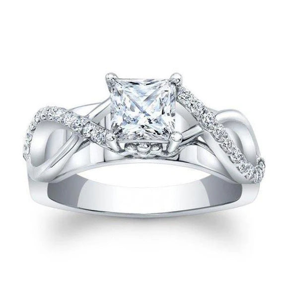 Bague De Fiançailles Réel Diamant Taille Princesse En Or Solitaire Avec Accents 1 Carat