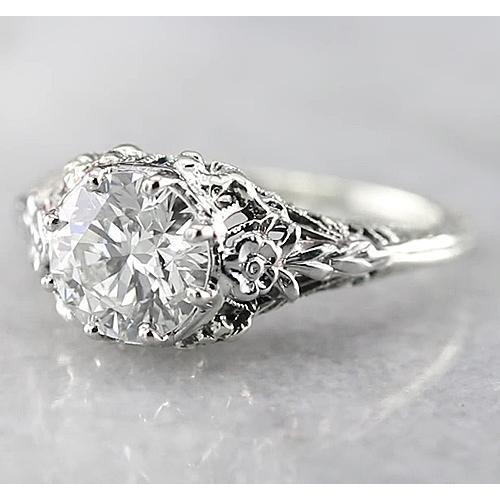 Bague De Fiançailles Ronde De Style Antique De 1.50 Carats Réel Diamant En Or Blanc 14K