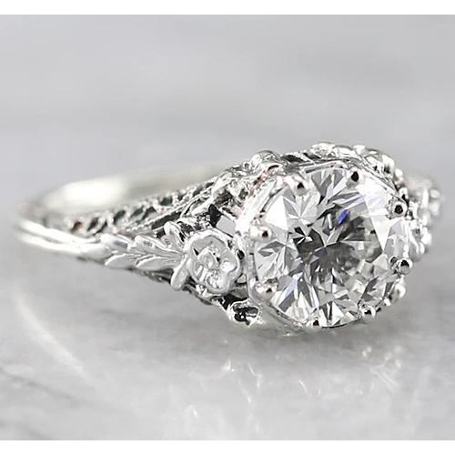 Bague De Fiançailles Ronde De Style Antique De 1.50 Carats Réel Diamant En Or Blanc 14K