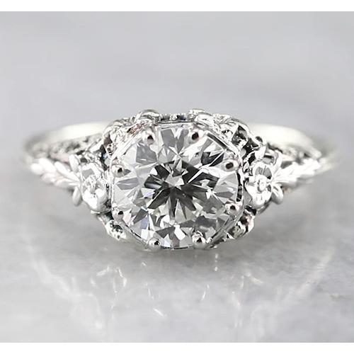 Bague De Fiançailles Ronde De Style Antique De 1.50 Carats Réel Diamant En Or Blanc 14K