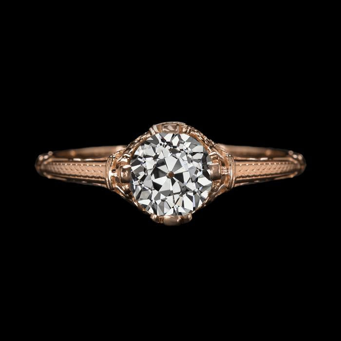 Bague De Fiançailles Solitaire Ronde Vieux Mineur Réel Diamant Or Rose 2 Carats