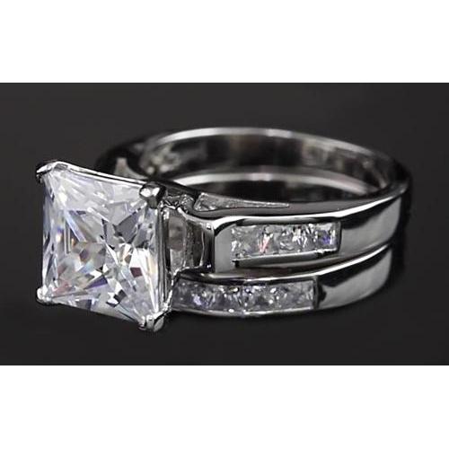 Bague De Fiançailles Véritable Diamant Princesse 4 Carats Sertie Or Blanc 14 Carats