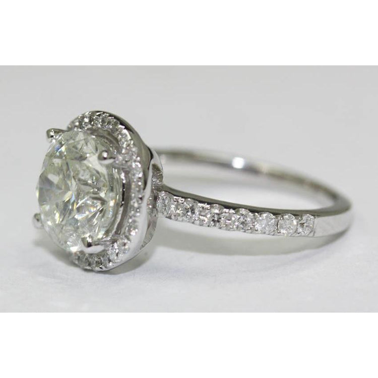 Bague De Fiançailles Véritable Diamant Rond 3 Carats Solitaire Avec Accents Or Blanc