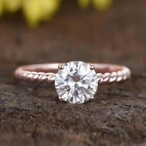 Bague De Fiançailles Véritable Diamant Solitaire Rond 1.50 Carats En Or Rose 14 Carats