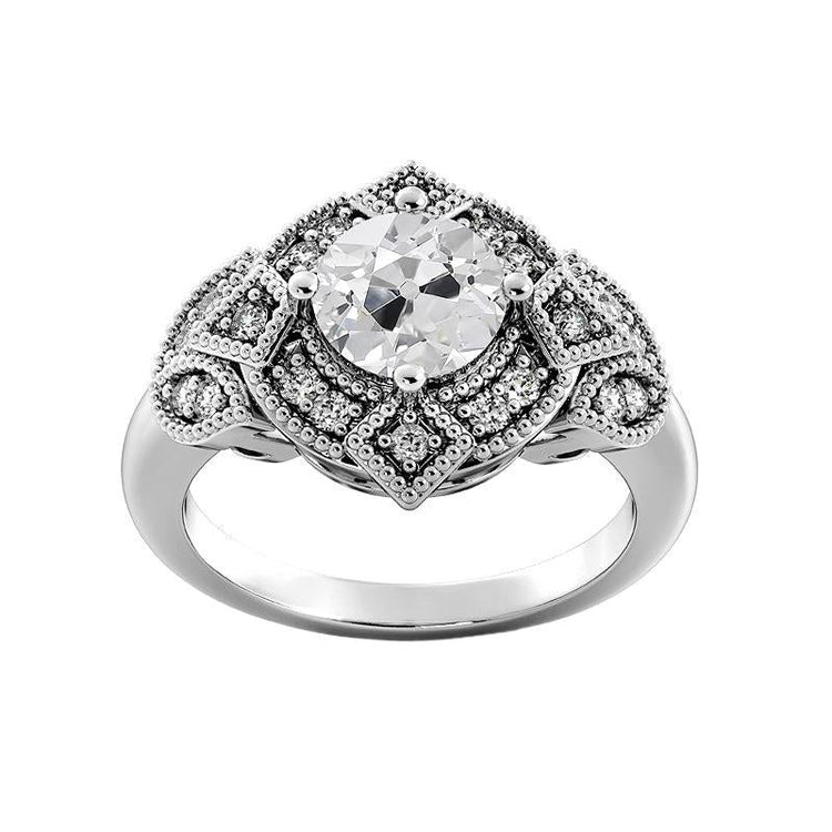 Bague De Mariage En Or Véritable Diamant Rond Taille Ancienne Tige Millegrain 3 Carats