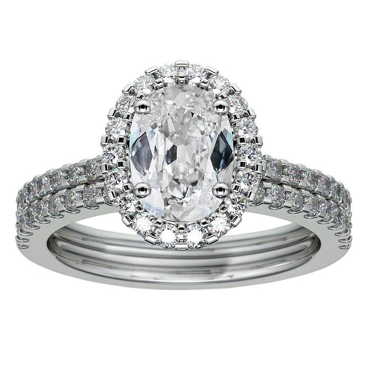 Bague De Mariage Or Blanc Ovale Naturel Diamant Taille Ancienne Halo Sertie 7 Carats