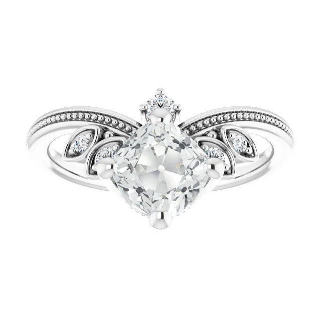 Bague De Mariage Rehausseur Coussin Réel Diamant Taille Ancienne Style Perlé 5.75 Carats