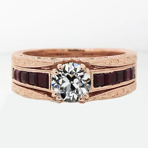 Bague De Mariage Sertie Véritable Diamant Taille Ancienne Et Rubis Sertie Double Griffes 2 Carats