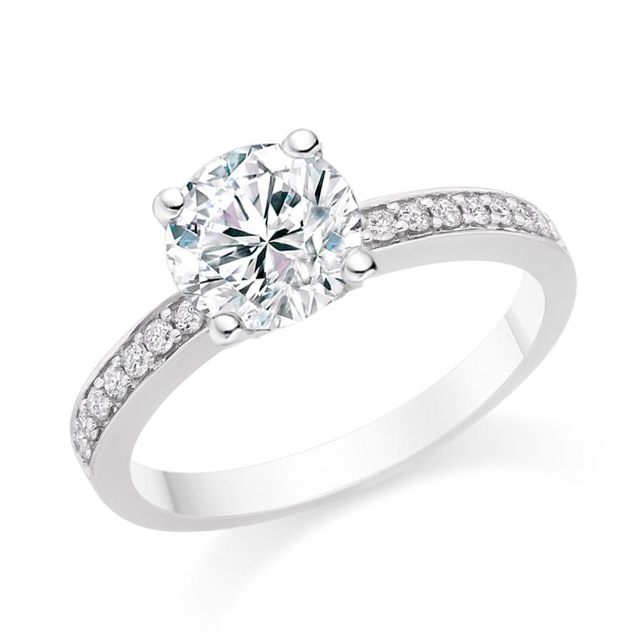 Bague De Mariage Solitaire Coupe Ronde Avec Réel Diamants Accentués Or Blanc 14K