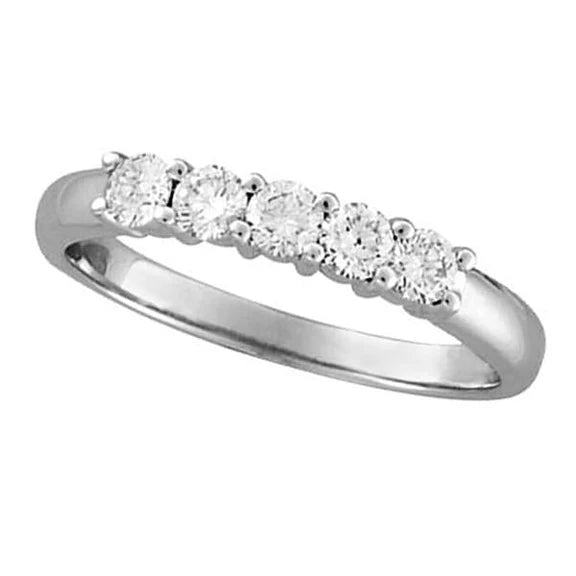 Bague Demi-Eternité A Cinq Pierres Et Réel Diamants 0.50 Carats En Or Blanc 14K