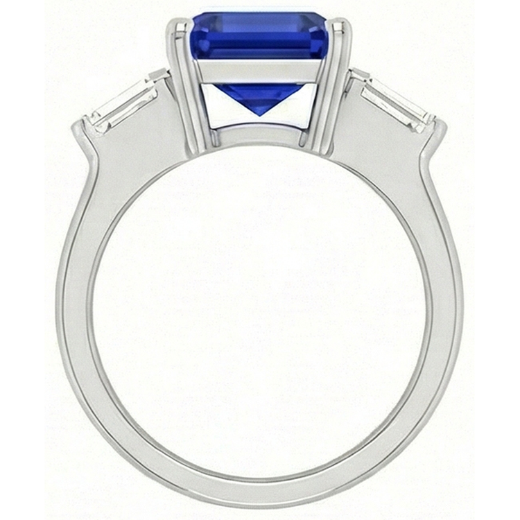 Bague Diamant Baguette 3 Pierres Asscher Saphir Bleu Ceylan 4 Carats