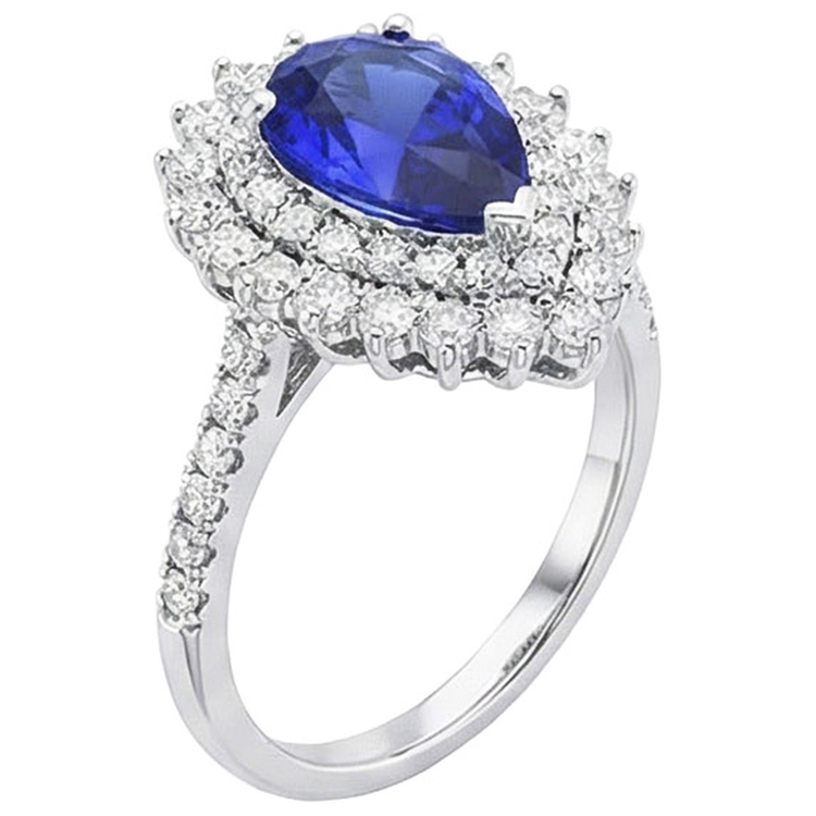 Bague Diamant Double Halo Style Fleur Poire Saphir Bleu 5.50 Carats