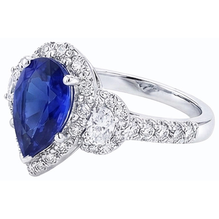 Bague Diamant Halo Poire Ceylan Saphir 3 Pierre Style 4.50 Carats