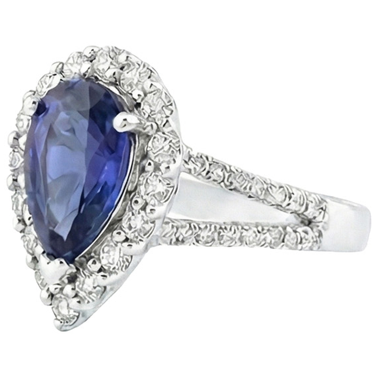 Bague Diamant Halo Poire Saphir Sri Lankais 5.50 Carats Tige fendue
