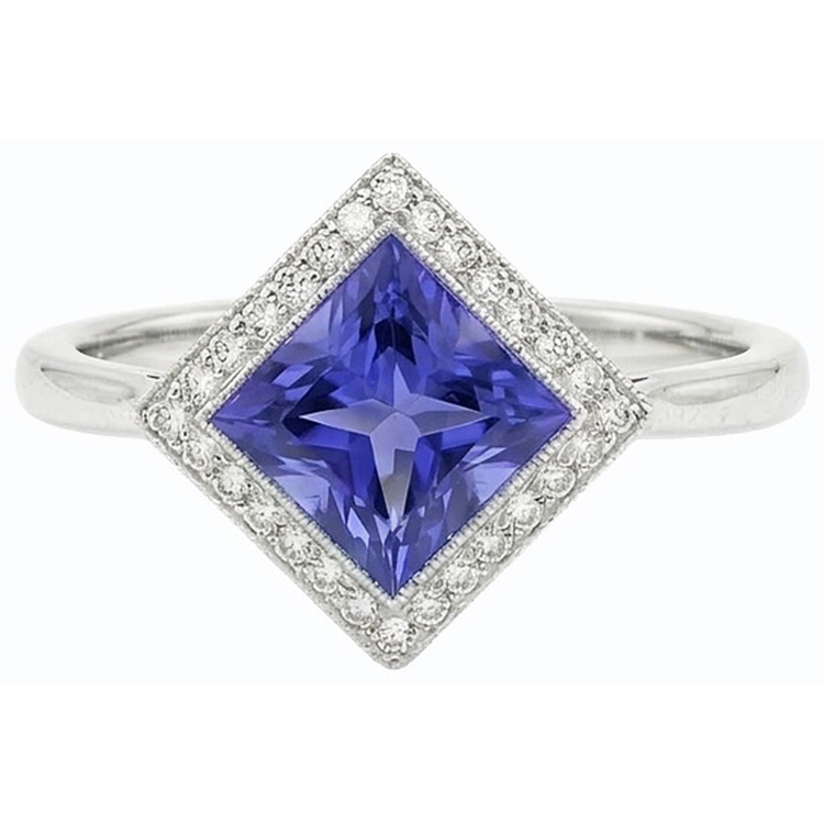 Bague Diamant Halo Princesse Saphir Bleu 3 Carats Style Pyramide