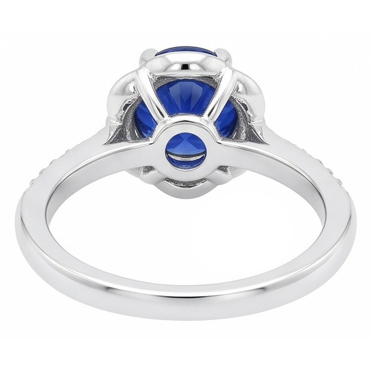Bague Diamant Halo Rond Saphir Style Fleur 3 Carats Tige Conique