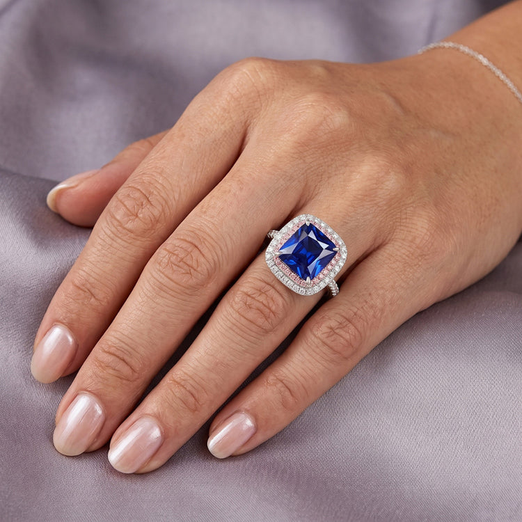Bague Diamant Naturels Extraits des Mines ( et non cultivés en laboratoire ) Pierre Précieuse Saphir Bleu & Rose Double Halo Or 6.50 Carats