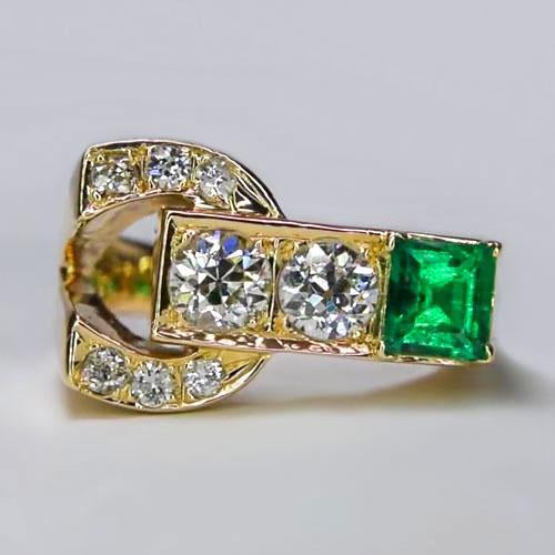 Bague Diamant Rond Vieux mineur Avec Émeraude 2.75 Carats