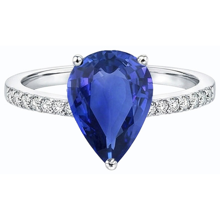 Bague Diamant Solitaire Poire Saphir Ceylan Avec Accents 4 Carats