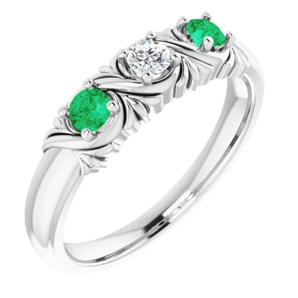 Bague Diamant Trois Pierres Style Antique 0.60 Carats Emeraude